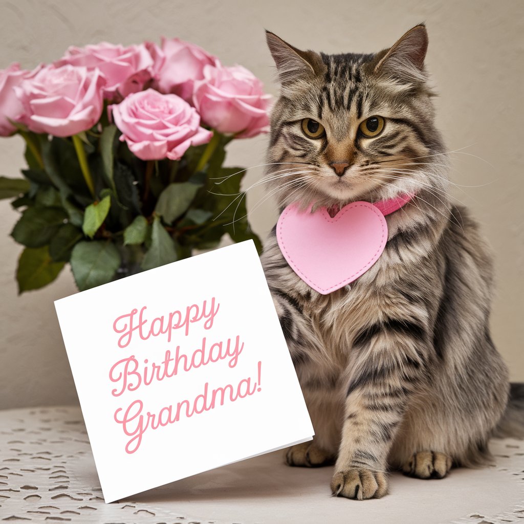 Kočka s narozeninovým přáníčkem pro babičku, Přání k narozeninám, narozeninová blahopřání mamince, tatínkovi, babičce, dědečkovi a pro další blízké Kočka s narozeninovým přáníčkem pro babičku, Přání k narozeninám, narozeninová blahopřání mamince, tatínkovi, babičce, dědečkovi a pro další blízké